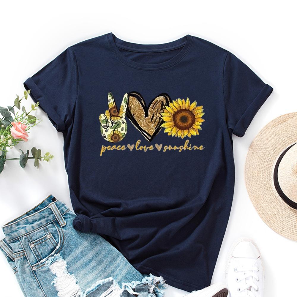 Cotton T-Shirt Short Sleeve Round Neck Women 2d Print Tops
