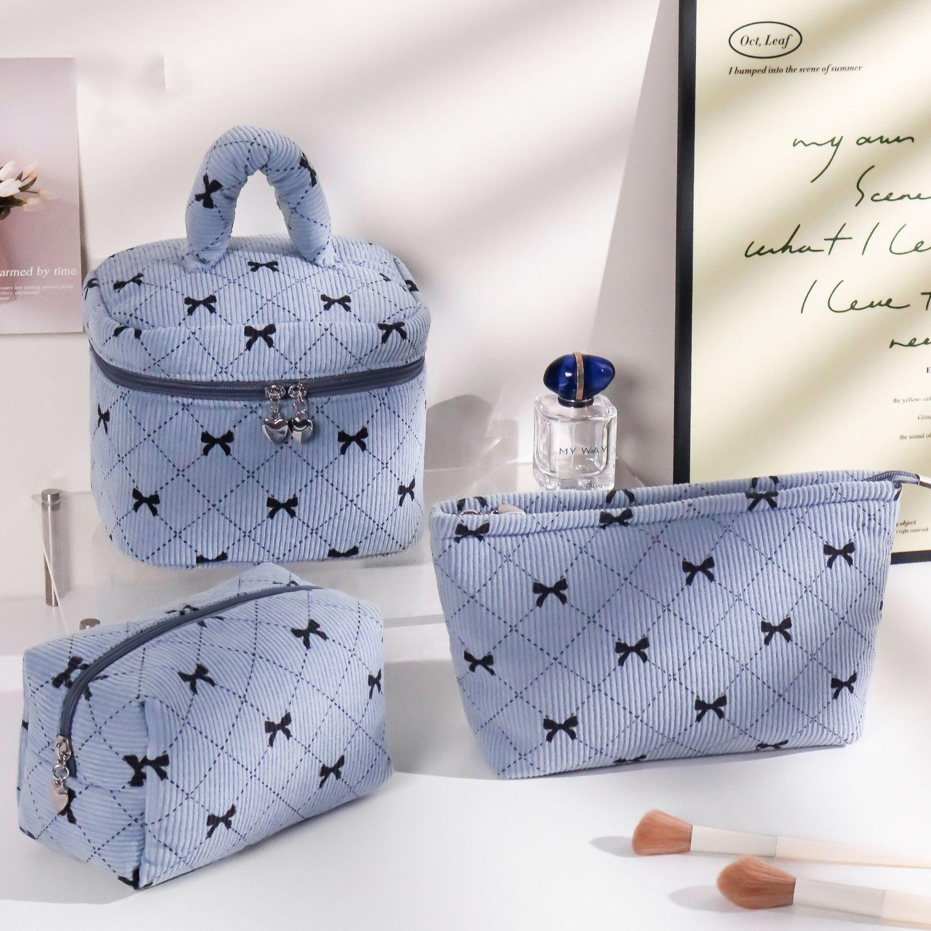 

Fashion Bow Women Corduroy Makeup Storage Bag Large Capacity Travel Organizer Cosmetic Pouch Small Handbag Zipper Clutch Bag Square синій