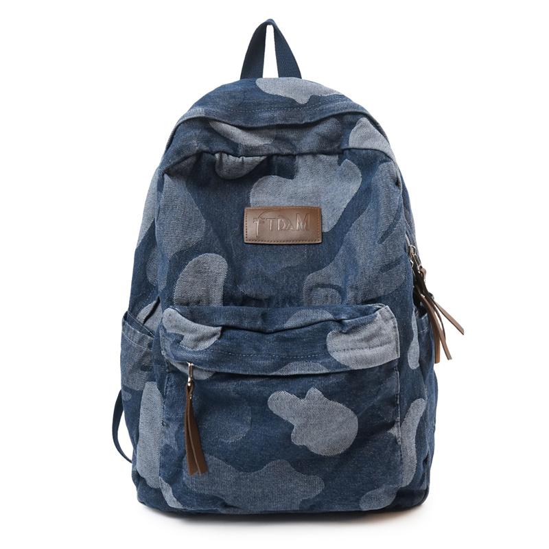 Denim Camouflage Backpack Casual Style Unisex School Bag Fashionable Travel Rucksack