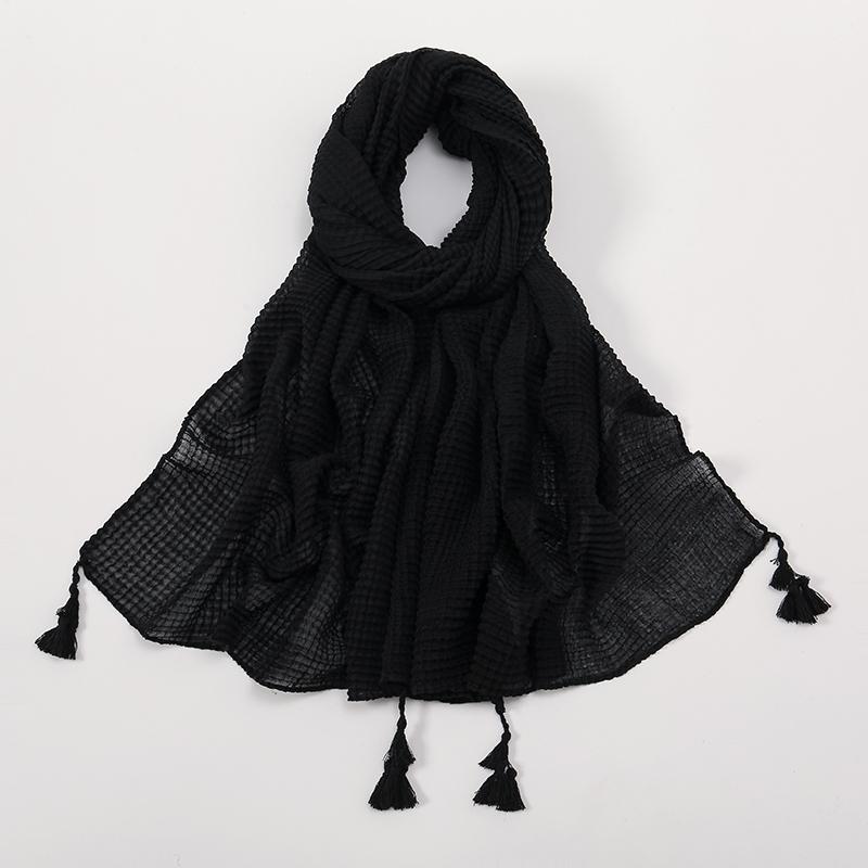 Crinkle Pleated Cotton Hijabs With Tassels Muslim Long Shawls Soft Headscarf Wraps Foulard Islam Turban Headband Solid Bandana
