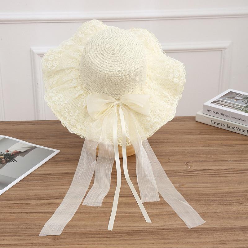 Summer Bow Sun Hat Female, Seaside Beach Vacation Sun Hat Outdoor Big Brim Sun Hat Sweet Straw Hat