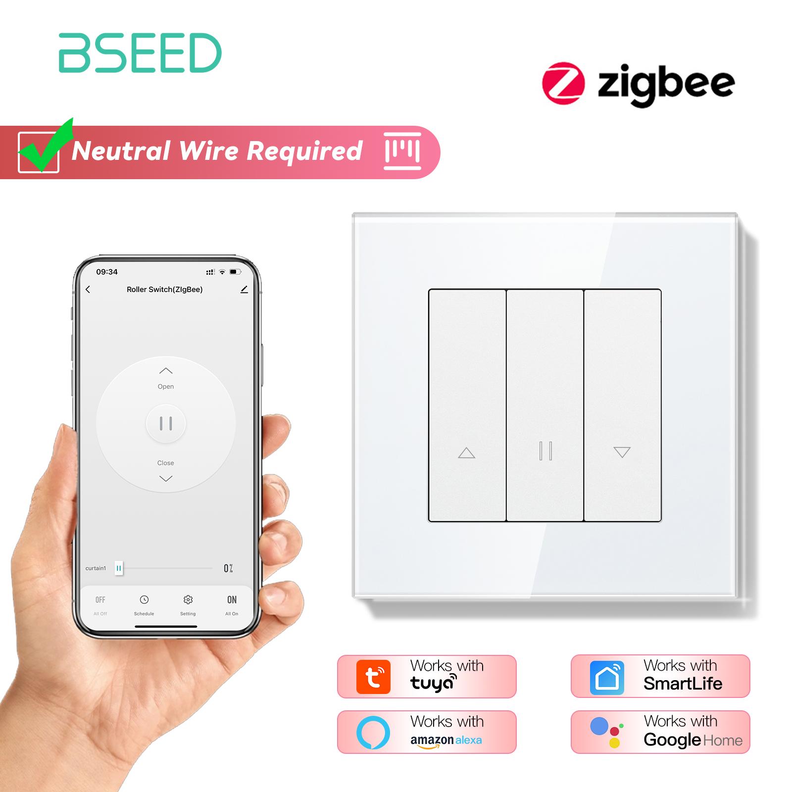 

BSEED Zigbee Shutter Switch Series Wall Smart Click Switches Yellow Backlight Glass Frame Tuya APP Roller Switch FR Wall Sockets