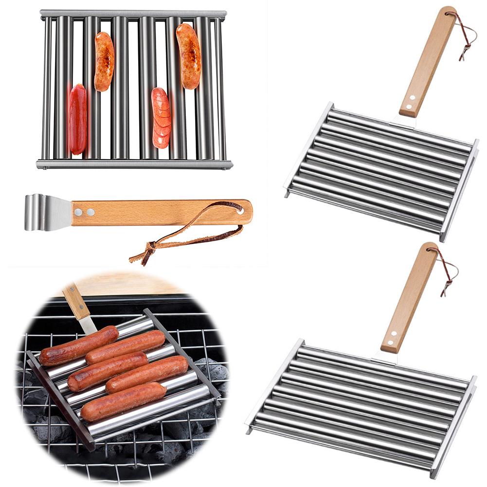 Hot Dog Roller Sausage Roller Rack Stainless Steel Hot Dog Grill Roller with Wooden Handle 5 Hot Dog Capacity Grill Accessories
