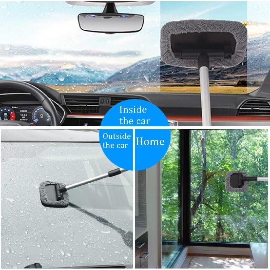 Glass Cleaner Wiper, Windshield Cleaning Tool, Microfiber Window Cleaner With Extendable Handle, Auto Glass Wiper Kit (Blue Square)
