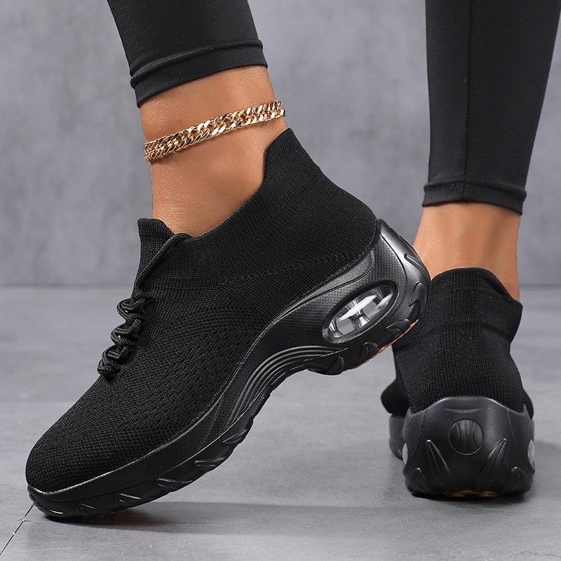 Fashion Women Platform Shoes Knitted Running Sports Shoes Anti-slip Air-cushion Sneakers Breathable Mesh Dancing Traveling Shoes