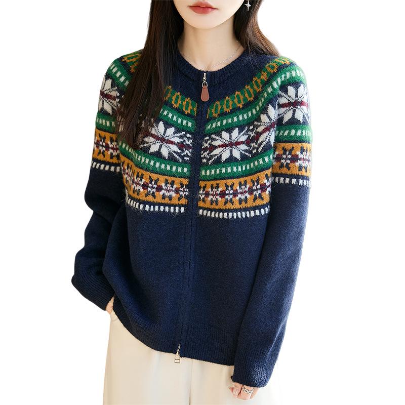 Women's Fair Isle Retro Jacquard Knit Cardigan Sweater - Double Zipper, Warm, Trendy Red Coat