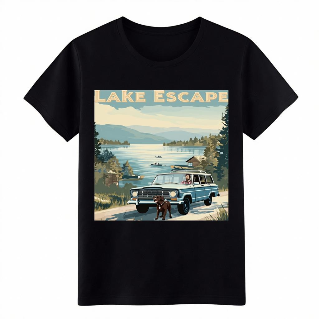 Lake Escape Vintage Wagon Dog T-T-Shirt - Retro Lake Road Trip Graphic Tee
