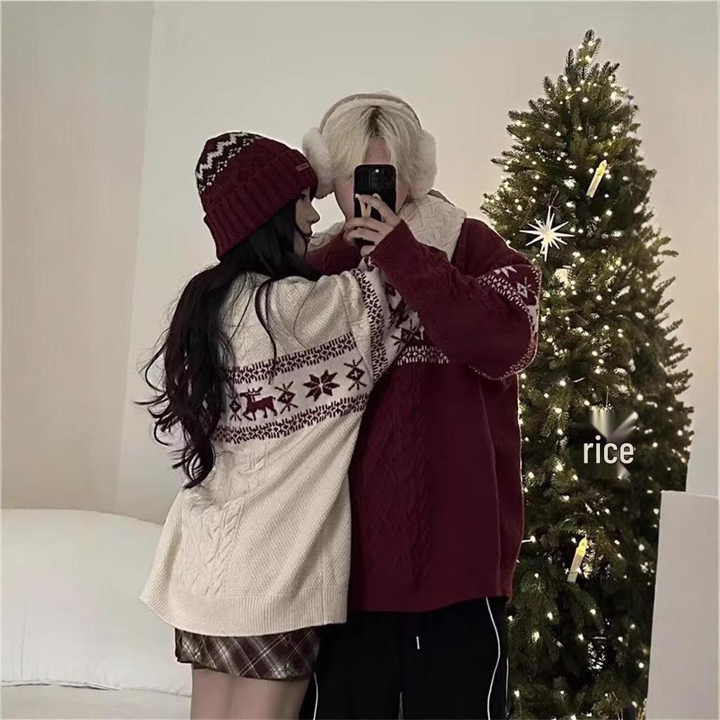 Fair Isle Retro Knit Crew Neck Pullover for Men & Women - Thick, Cozy Autumn/Winter Sweater for Couples