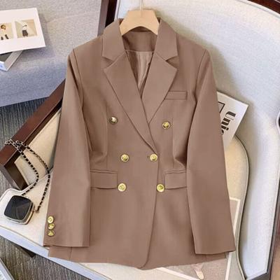 Women Blazer OL Style Commute Loose Solid Color Double Breasted Long Sleeves Lapel Notch Collar Pockets Formal Business Coat