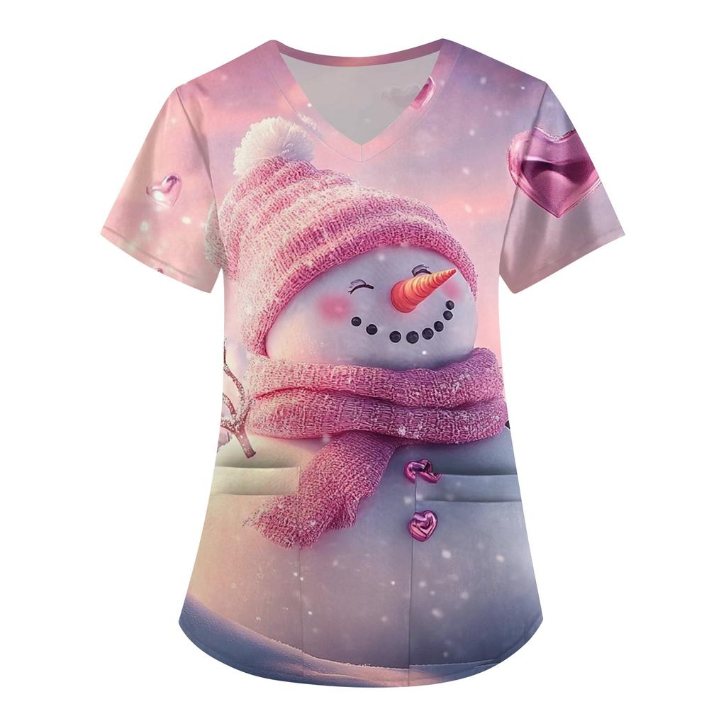 Kadın Sevimli Baskılı İş Kıyafetleri V Yaka Çift Katmanlı Cepler Temel Kısa Kollu Üst Kazak Noel