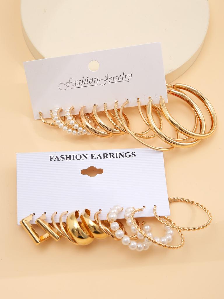 12/48pcs Bohemian Gold Color Metal Earrings Set For Women Fashion Pearl C-Shape Stud Earrings Daily Party Jewelry Festivals Gift