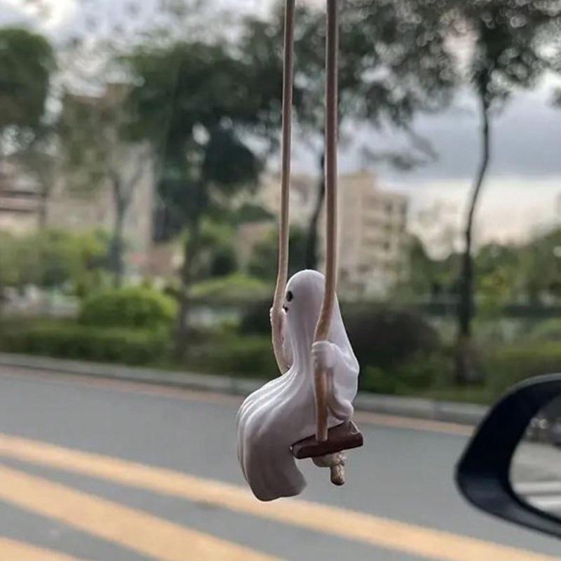 White PVC Swing Ghost Car Pendant - Rearview Mirror Decoration