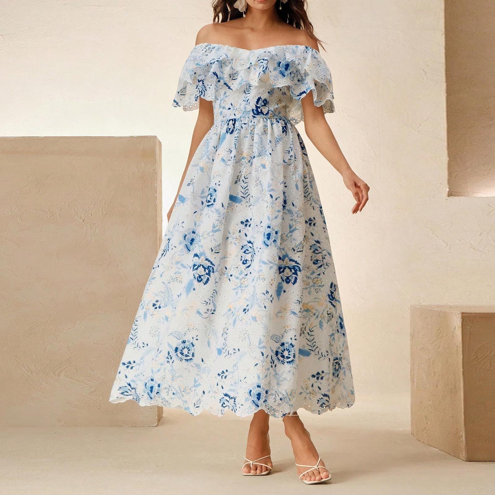 

Женское элегантное пляжное платье миди с открытыми плечами, оборками, вырезами и цветочной вышивкой L синий