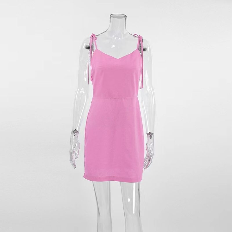 

Western Style Summer New Solid Sling Dress Slim fit Sexy Short dress Seamless Dress Pink S