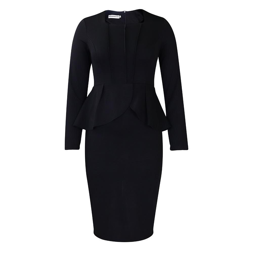 Damen Quadratischer Halsausschnitt Langarm Peplum Bodycon Midi Kleid Einfarbiges Freizeitkleid