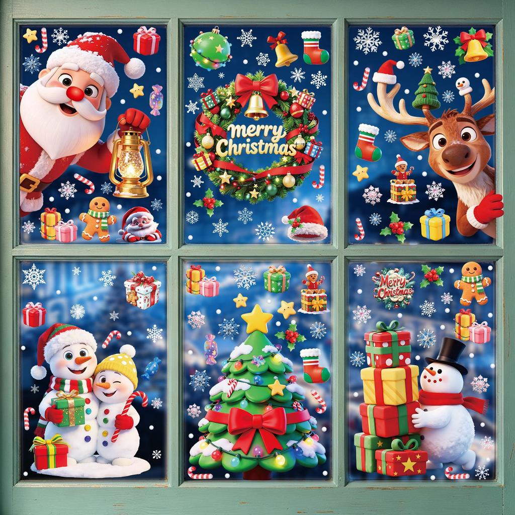 Amazon Christmas Decorations Elk Snowman Snowflake Glass Stickers Dreamy Wreath Christmas Tree Static Stickers