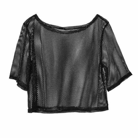 Women Fishnet T-Shirt Hollow Out Solid Color Loose Round Neck Three Quarter Sleeve Pullover See-through Nightclub Party Dance Top