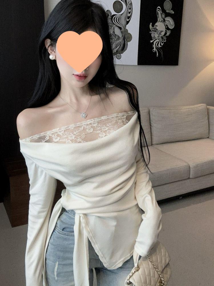 Women's Patchwork Lace One-Shoulder Top - Slim Fit, Early Autumn Long Sleeve Base Layer