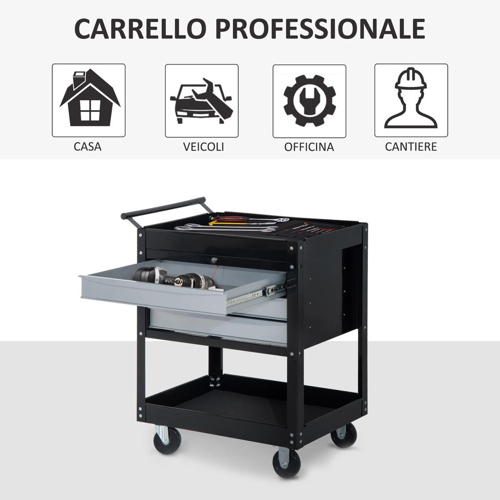 Professional Workshop Trolley Tool Chest Cabinet in Sheet Metal, Black, 68 x 46 x 88cm
