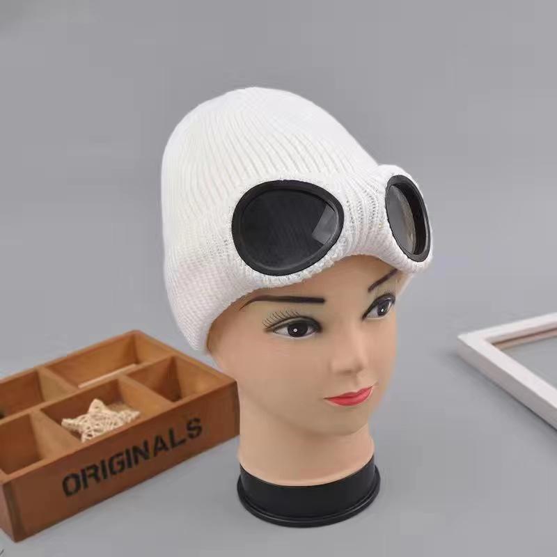 

Модная шапка с очками, женская зимняя однотонная повседневная вязаная шапка-бини, корейская вязаная оранжевая, черная шапка-теплая шапка унисекс 56-58cm белый