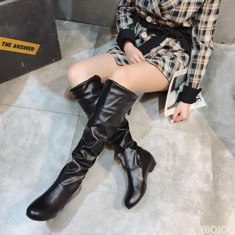 Fashionable Versatile Women High Boots Elegant Minimalist Autumn Winter New Style Pleated Women Comfortable Low Heel Boots