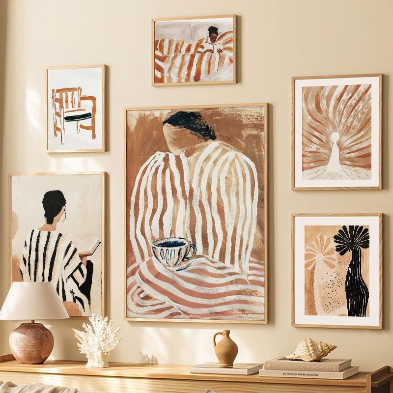 Striped Girl Book Vase Flower Wall Art Canvas Painting Abstract Posters And Prints Hotel Bar Wall Pictures For Living Room Decor