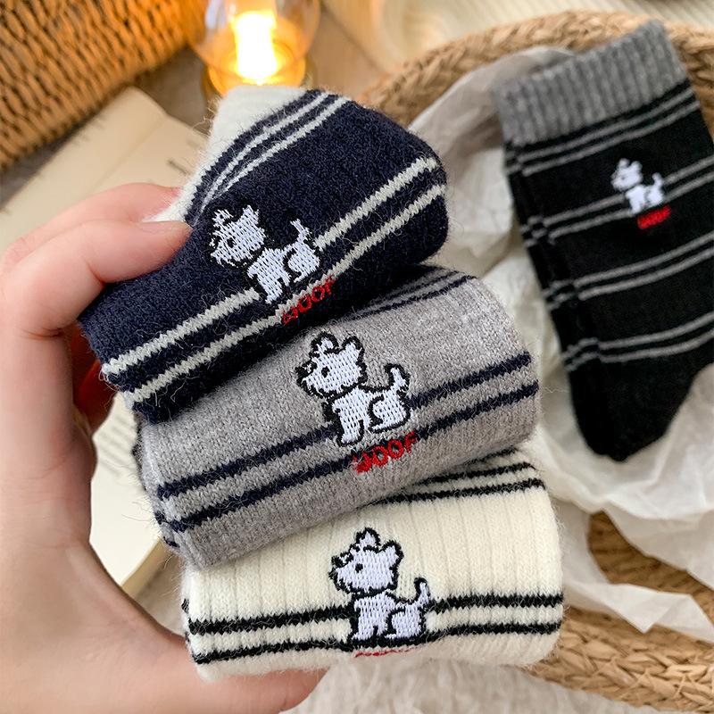 Winter Warm Cartoon Embroidered Puppy Wool Black And White Striped Socks Mid-Leg Socks Korean Thickened Cute