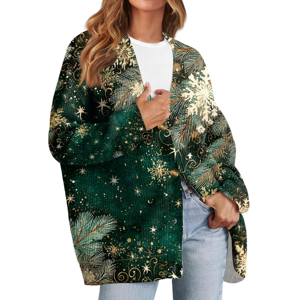 Women's Fashion Long Sleeve Christmas Print V-Neck Button Loose Cardigan Top