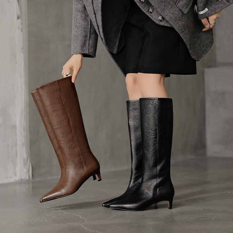 Fashion 2025 Autumn Women Boots Split Leather Women Shoes Pointed Toe Chunky Heel Slip-on Knee High Boots Western Modern Ladies Boots