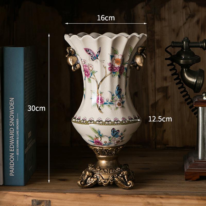 American Retro Ice Crack Ceramic Vase Living Room Table Decor Housewarming Gift Flower Arrangement Dried Flower Vase Metal Base