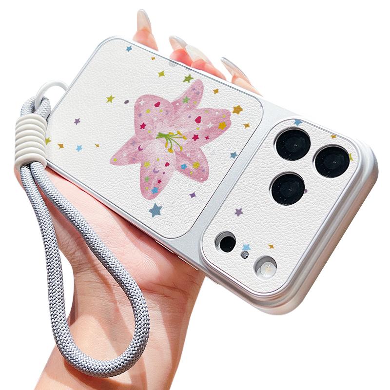 Pink Lily Flower Print Leather Lanyard Case For iPhone 18 Pro Max 17 16 15 14 13 Pro Max Luxury Hybrid TPU+PU Anti-skid Soft Phone Cover