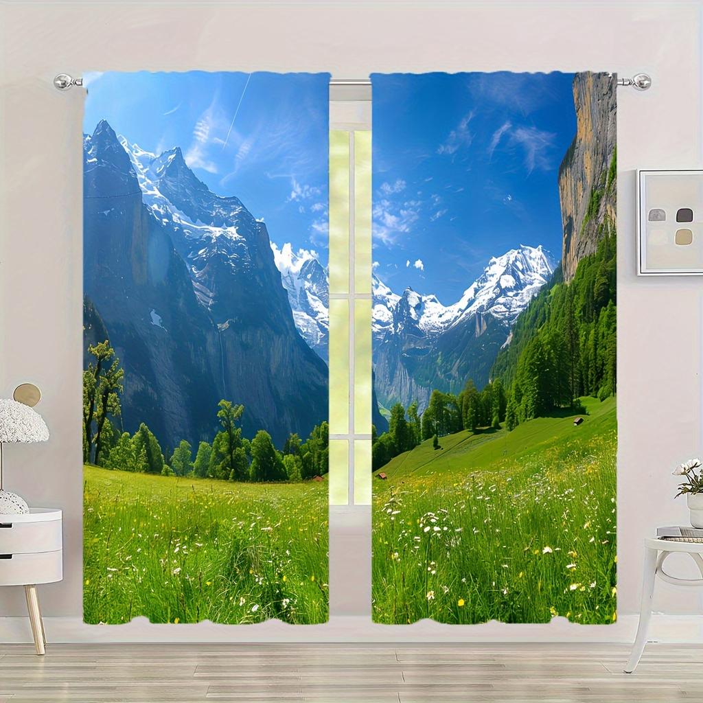 2 Pieces Stunning Forest Waterfall Landscape Curtain for Home Decor Rod Pocket Window Treatment for Bedroom Office Kitchen