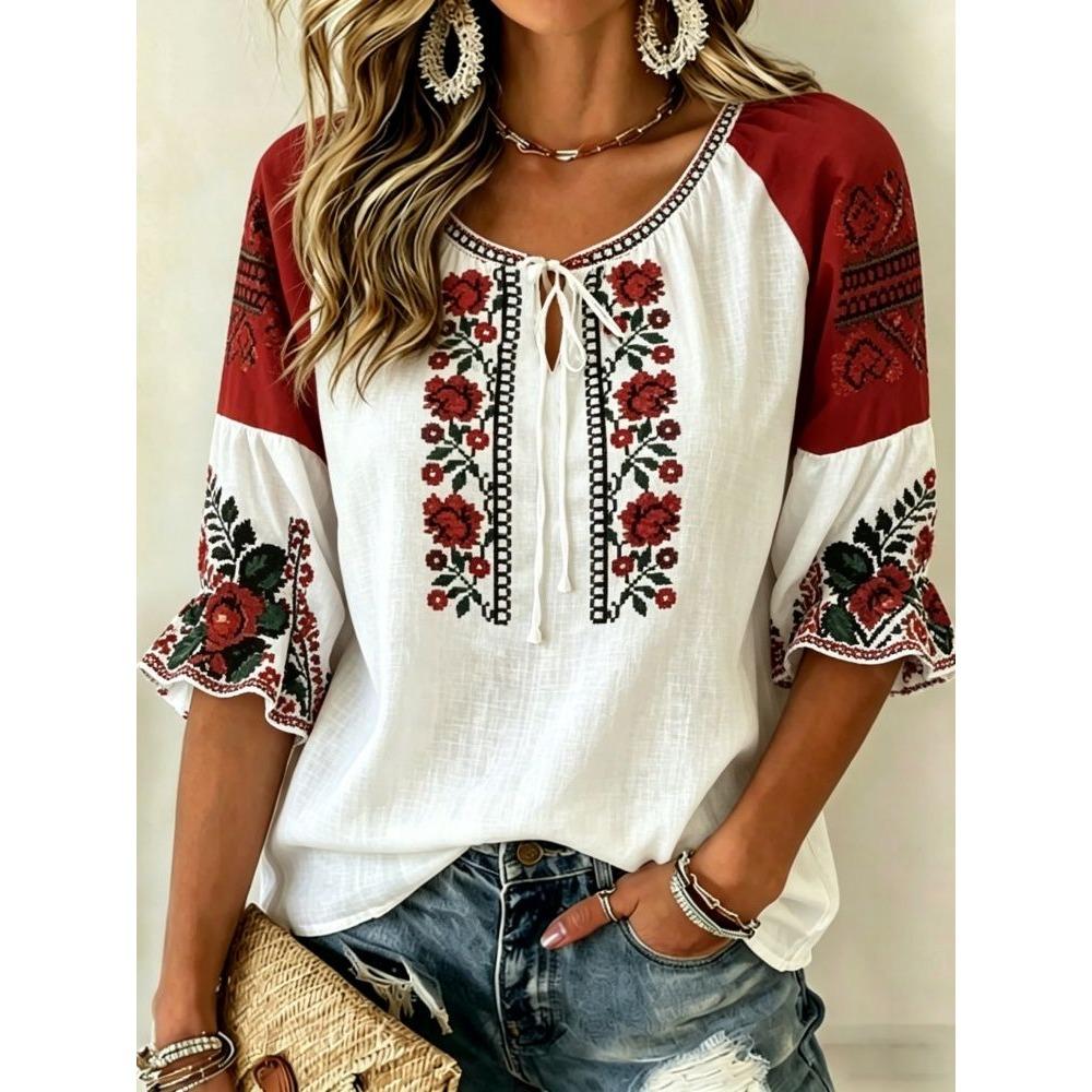 Women's White Floral Embroidery Tie Neck Blouse, Casual Loose Tops for Spring Summer Daily Wear & Vacation Occasions