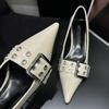 Fashion Metal Buckle Strap Design Women Pumps Sexy Pointed Toe Low Heel Muels Shoes High Quality Leather Heels Zapatos De Mujer