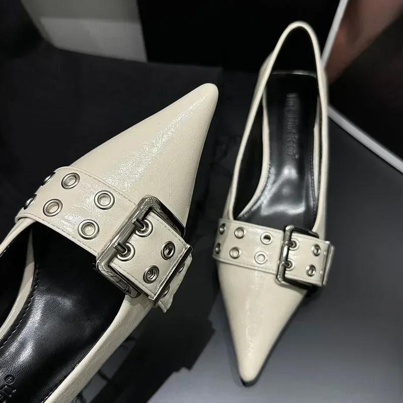 Fashion Metal Buckle Strap Design Women Pumps Sexy Pointed Toe Low Heel Muels Shoes High Quality Leather Heels Zapatos De Mujer