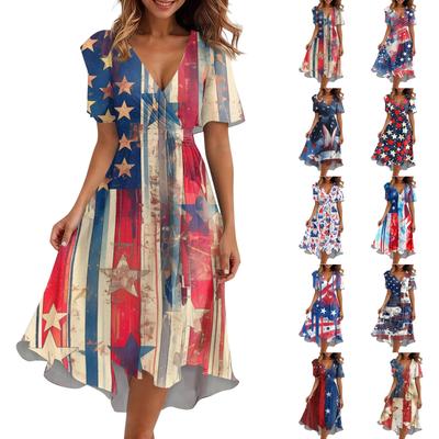 Women's Loose Casual  V-Neck Flared Skirt Short Sleeved Printed Dress Printed Dress