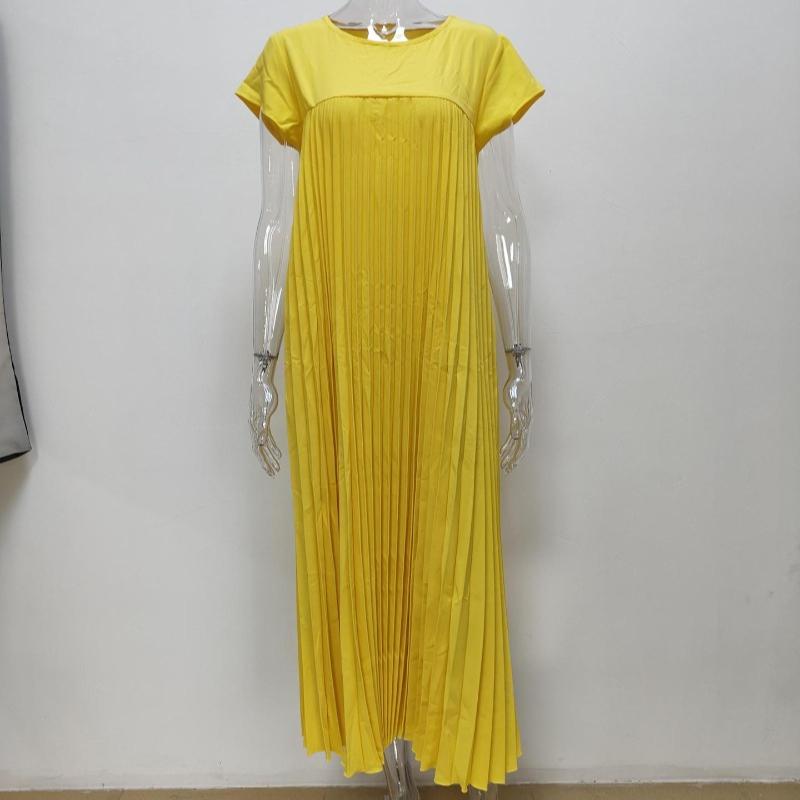 Summer Fashion Solid Plus Size Dress Women Round Neck Short Sleeve Loose Pleated Casual Dresses Women Elegant Vintage Simple Slim Ladies Dress 25546