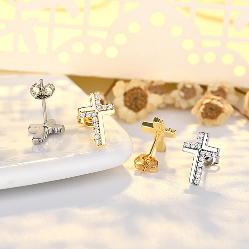 Boucles d'oreilles simples pour femmes avec croix plaqué or véritable incrusté de zirconium tempérament polyvalent accessoires de boucles d'oreilles