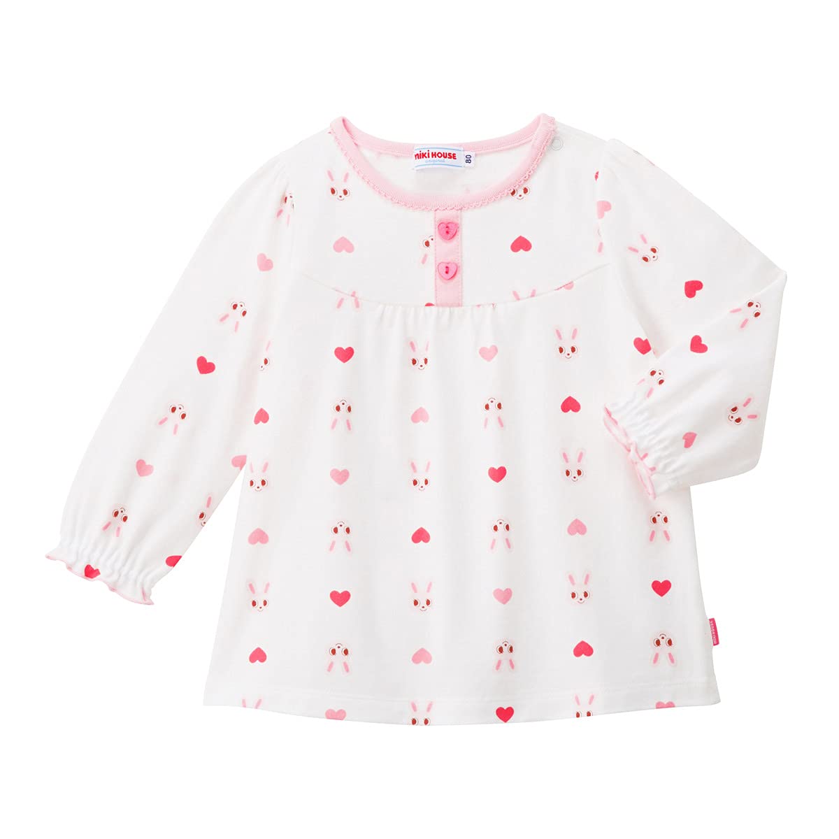 

с кроликом и сделано для [Miki House] Футболка с длинным рукавом, принт по всей поверхности, сердце, Япония, для девочек, для младенцев, для детей, детская одежда, 10-5219-389 белый