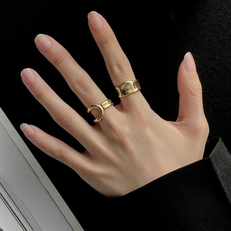 European-American Gold Open Irregular Ring, Women's 925 Silver, Korean Style Fashion, Simple Lines, Adjustable Index Finger Ring