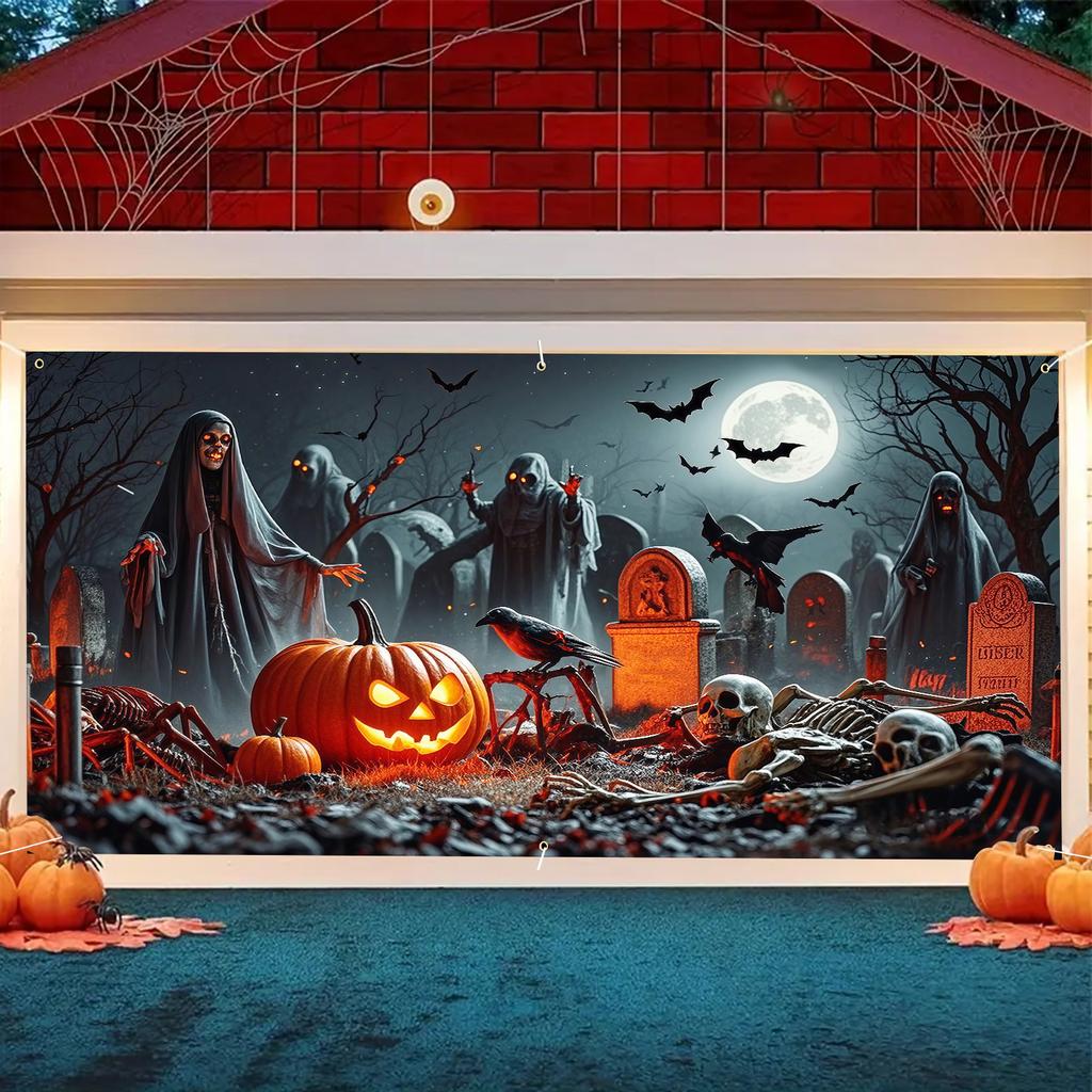 2D banner 1 piece Halloween garage door decoration with pumpkin bat tombstone and ghost design Halloween decoration