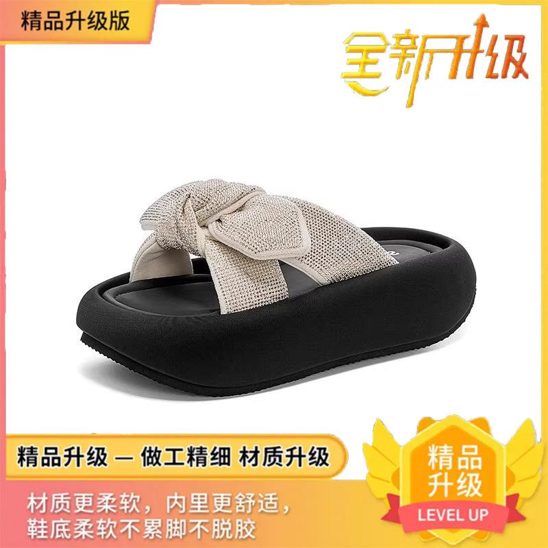 

Thick-bottomed bow one-word women s 2025 summer new fashion versatile trend wear sandals casual slippers 40