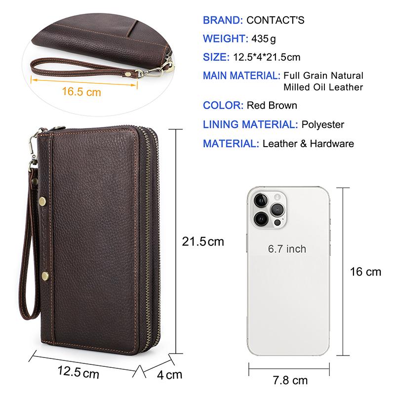 Portfel męski ze skóry naturalnej Clutch Zipper Card Holder Portmonetki męskie Vintage Długie portfele z paskiem na rękę