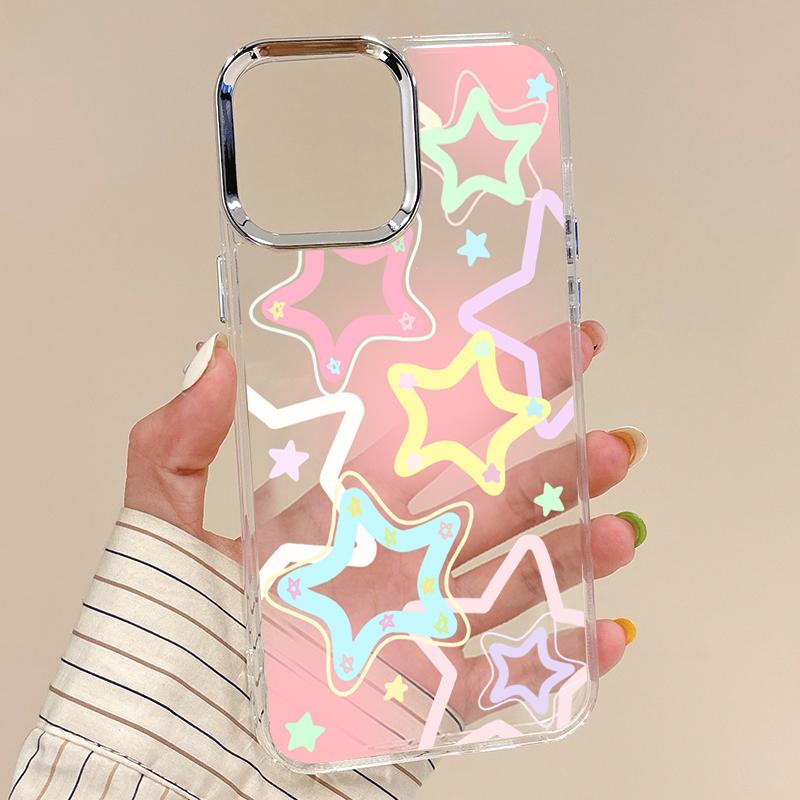 Modern Colorful Stars Pattern Case For iPhone 17 Pro Max Plating Lens Frame Clear Soft Cover For iPhone 16 15 14 13 Pro Max 11 16E 17E