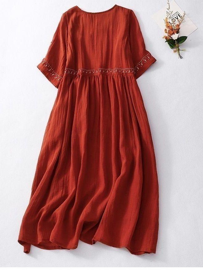 Summer Plus Size Dress Literary Retro Loose Embroidered Cotton and Linen Short-sleeved Mid-length