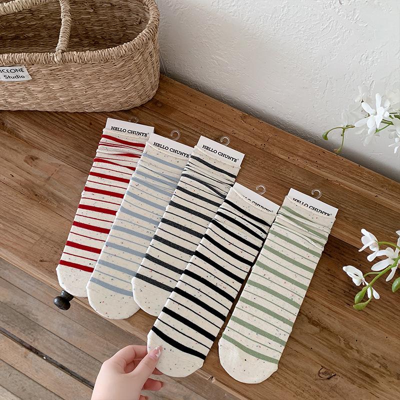 Korean Style Idea Yarn Striped Boneless Socks Women'S Mid-Leg Socks Spring And Autumn Cotton Rolled Hemmed Stacked Socks