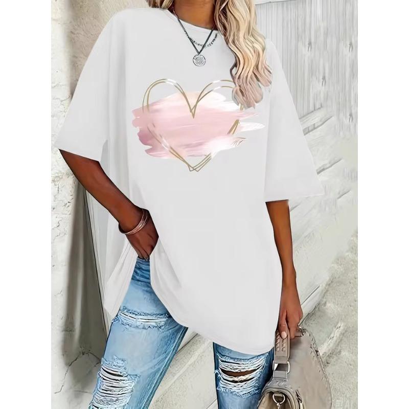 Camiseta Elegante Nueva para Mujer Talla Grande Rosa con Forma de Corazón Impresión 3D Primavera y Verano Ocio Cuello Redondo Manga Corta