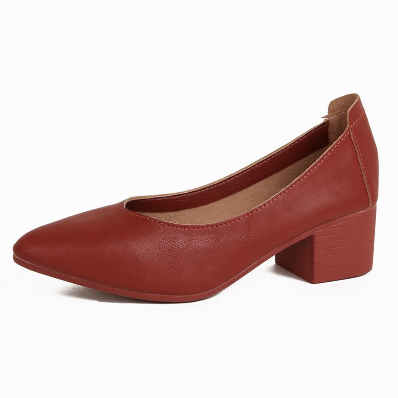 Leather single shoes thick heel 2025 new versatile fairy wind ladyshoes shallow mouth middle heel size women's shoes grandma shoes versatile