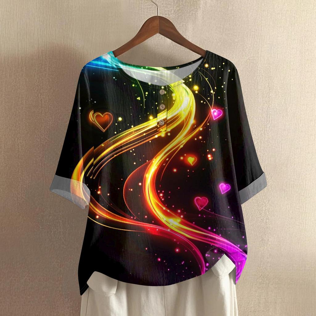 Damska casualowa i wygodna bawełniano-lniana bluzka z okrągłym dekoltem, średniej długości, z modnym nadrukiem