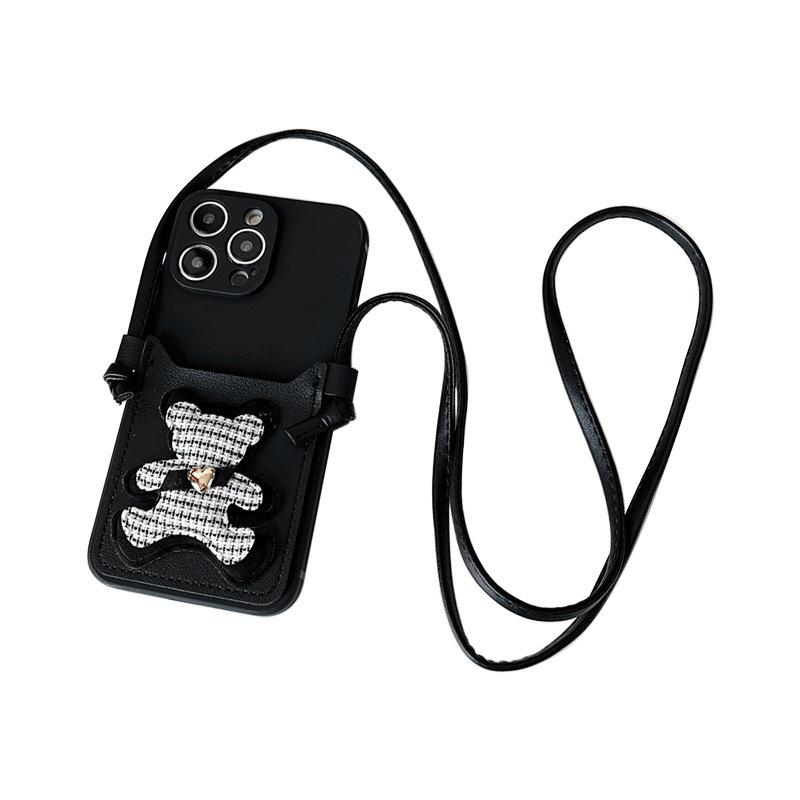 Plaid Bear Card Holder Wallet Phone Case for IPhone16 Crossbody Cord 14 for Apple 13 Anti-fall 12 Women's Soft